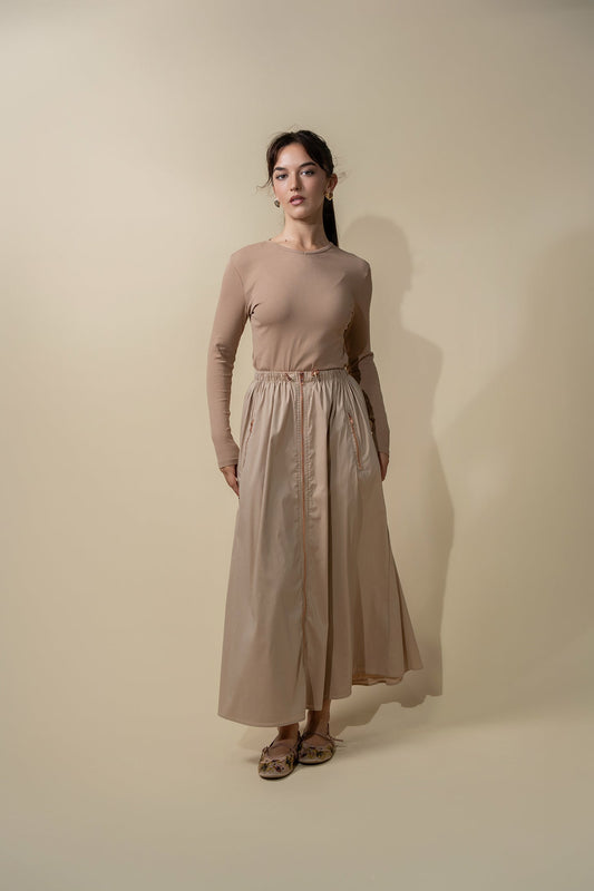 Front Zipper Cotton Circle Skirt-Tan-0