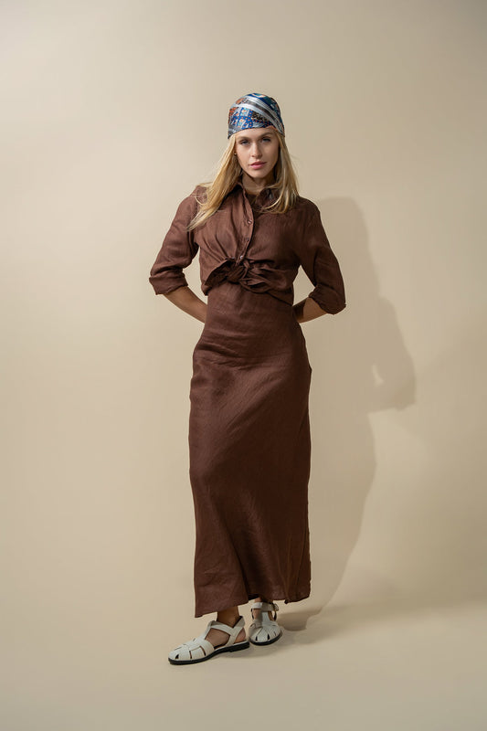 Linen A-Line Slip Dress-Brown-0