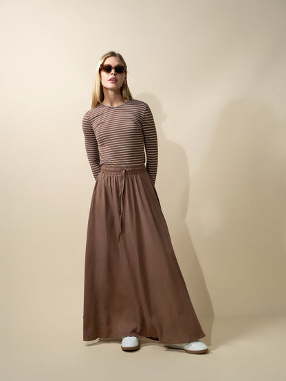 Drawstring Circle Skirt-Brown-0