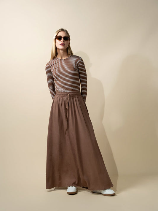 Drawstring Circle Skirt-Brown-0