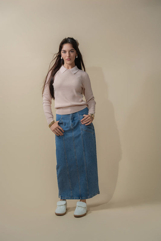 Waffle Collared Sweater-Blush-0