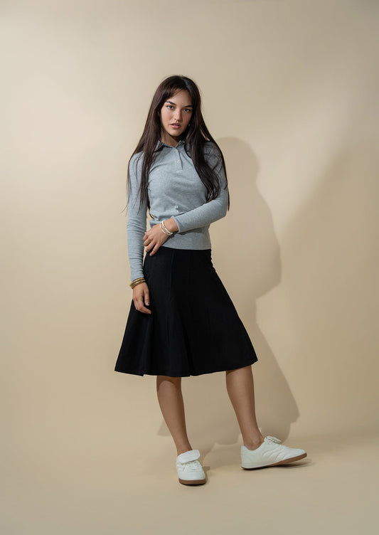Paneled Flare Skirt 25"-Solid Black-0