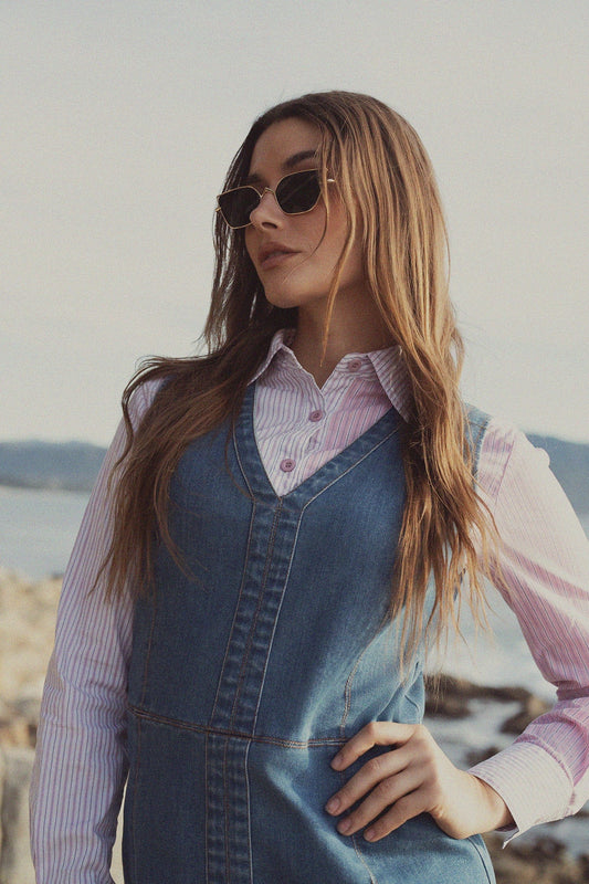 Mix Pinstripe Button Down Shirt-Pink-0