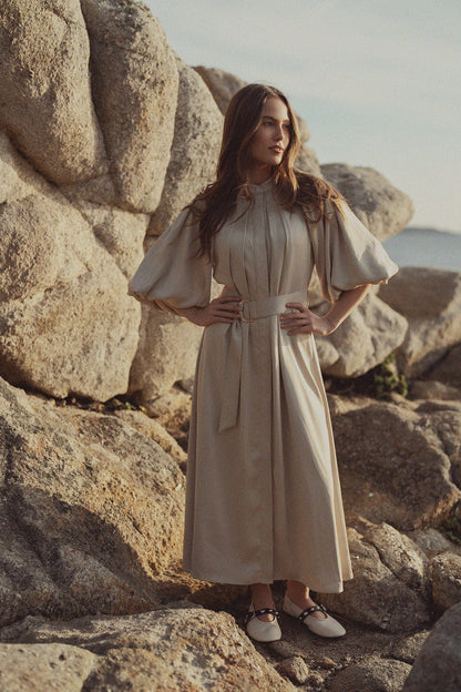Pleat Neck Belted Dress-Ecru-0