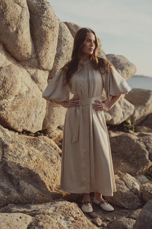 Pleat Neck Belted Dress-Ecru-0