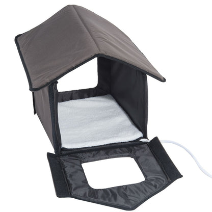 Heated Outdoor Cat House with Lamb Wool Padded Cats Bed in Brown-0