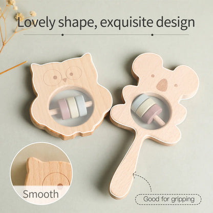 Wooden Animal Hand Rattle Toy for Newborns (Koala & Owl)