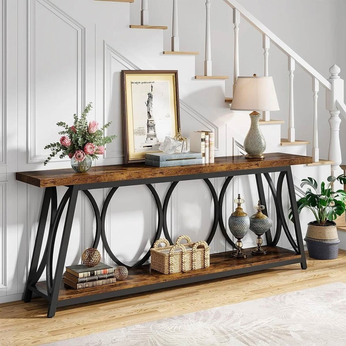 Industrial 70-in. Brown Wood Top Console Table with Heavy Duty Black Metal Frame-0