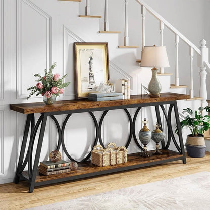 Industrial 70-in. Brown Wood Top Console Table with Heavy Duty Black Metal Frame-0