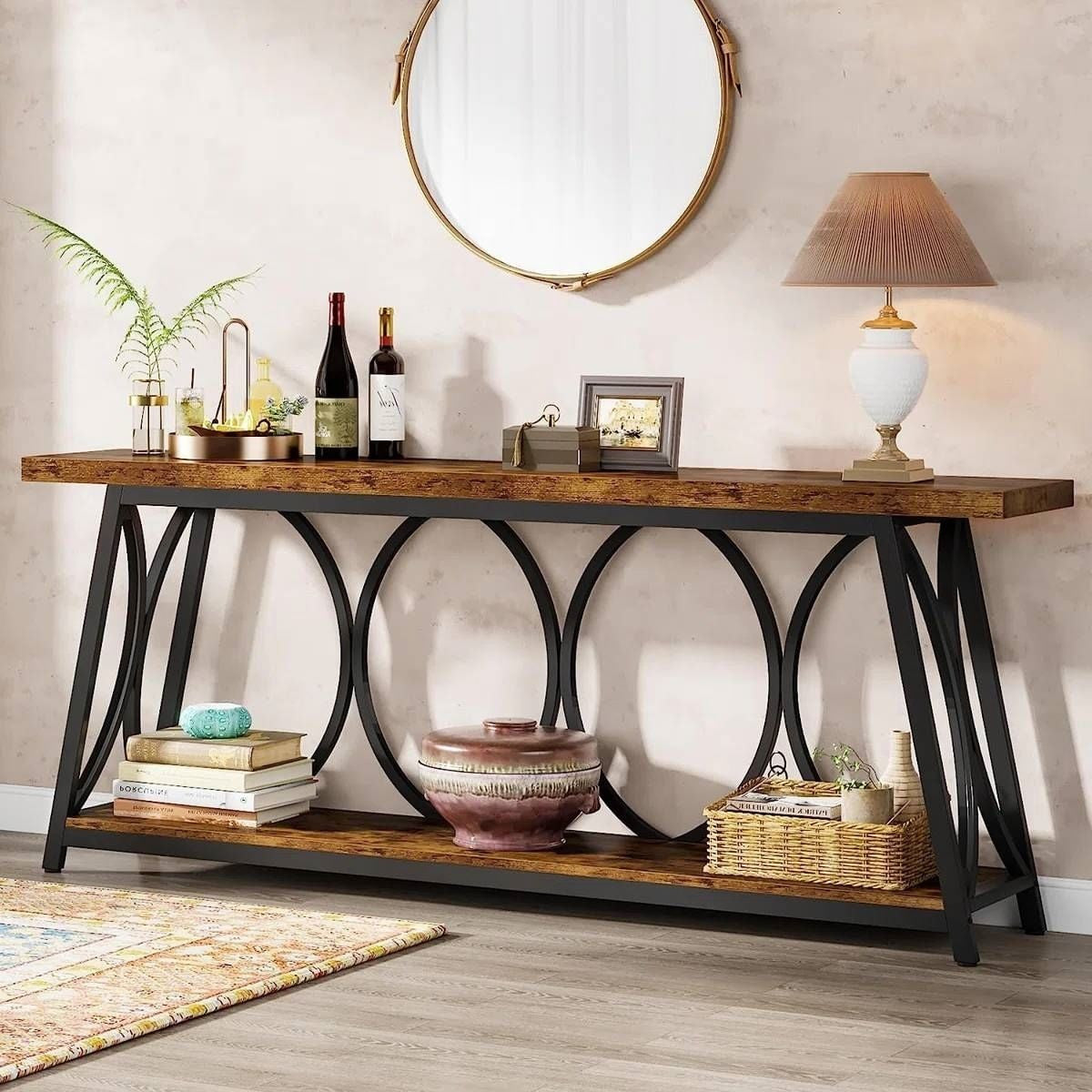 Industrial 70-in. Brown Wood Top Console Table with Heavy Duty Black Metal Frame-1