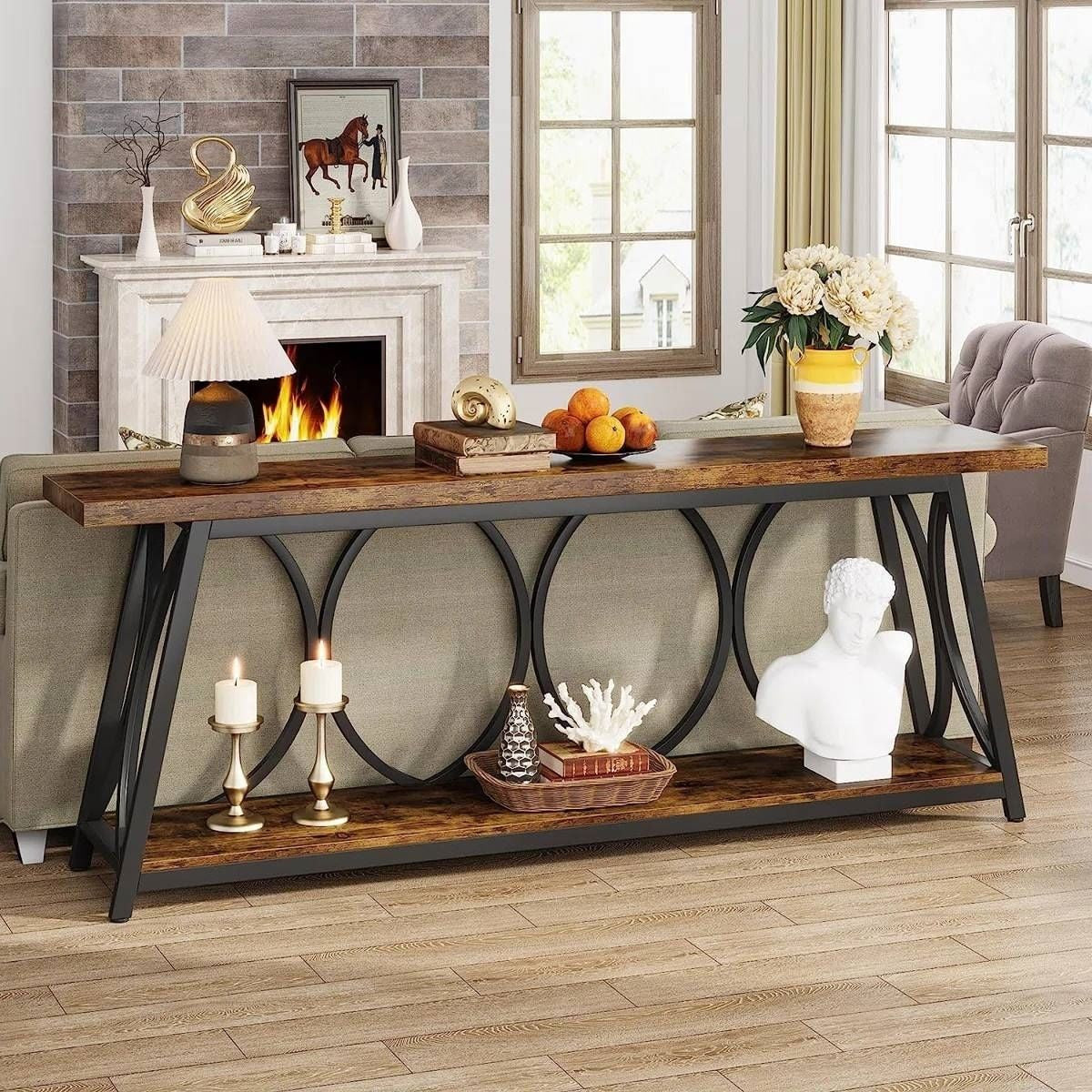 Industrial 70-in. Brown Wood Top Console Table with Heavy Duty Black Metal Frame-2