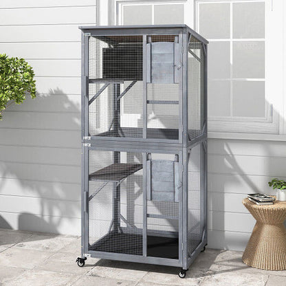 72 Inch TallWooden Cat House with Weatherproof Asphalt Roof-Gray-0