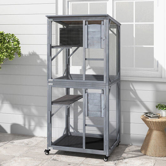 72 Inch TallWooden Cat House with Weatherproof Asphalt Roof-Gray-0