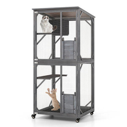 72 Inch TallWooden Cat House with Weatherproof Asphalt Roof-Gray-2