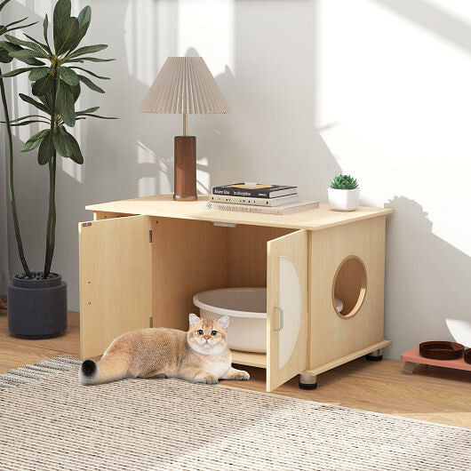 Cat Litter Box Enclosure with Sisal Scratching Doors and Adjustable Metal Feet-Natural-0