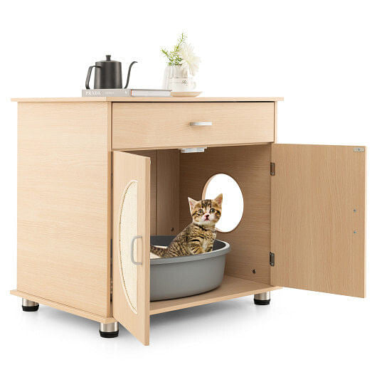 Cat Litter Box Enclosure with Sisal Scratching Doors and Storage-Natural-0