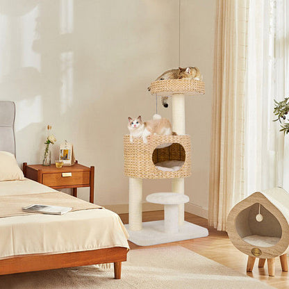 Modern Cat Tower Cat Tree with Top Perch Cattail Fluff Condo-Natural-1