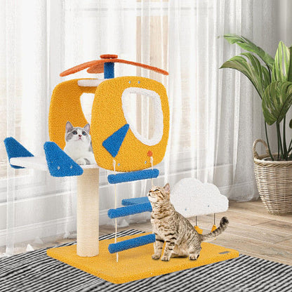 Indoor Small Aviation-themed Cat Tree Cat Tower with Helicopter Top Perch-Yellow-1