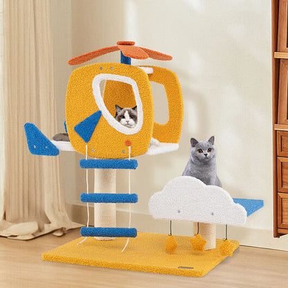 Indoor Small Aviation-themed Cat Tree Cat Tower with Helicopter Top Perch-Yellow-3
