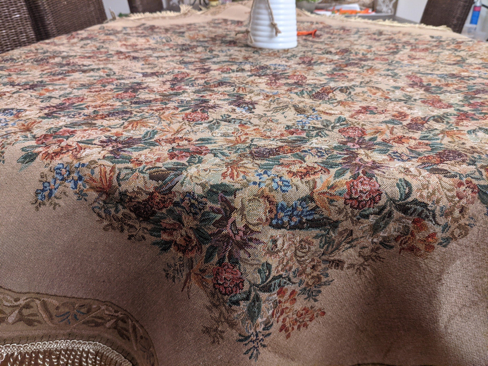 DaDa Bedding Wildflower Wonderland Floral Golden Beige Tan Square Dining Table Cloth (3100)-3