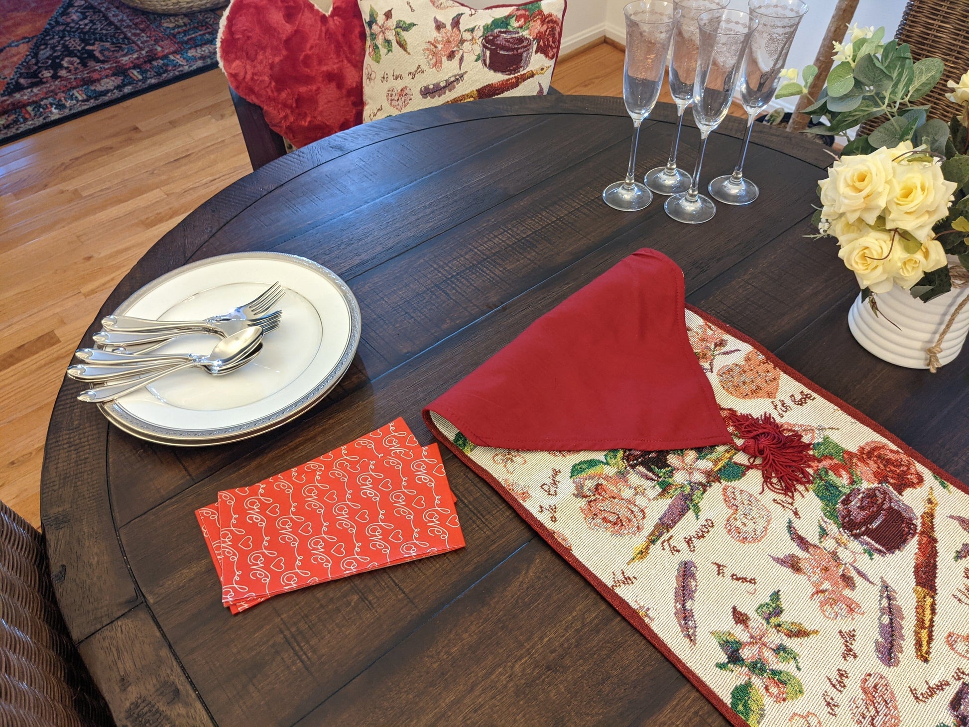 DaDa Bedding Sweet Heart Love Notes Pink Floral Woven Tapestry Dining Table Runner (18273)-2