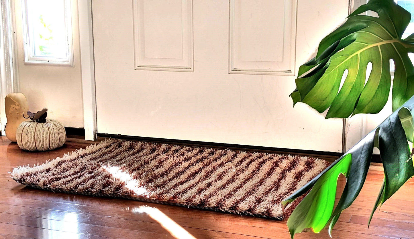 DaDa Bedding Shaggy Soft Door Mat Carpet Rug - 20" x 32" Striped Shiny Coffee Light Beige / Dark Brown-1