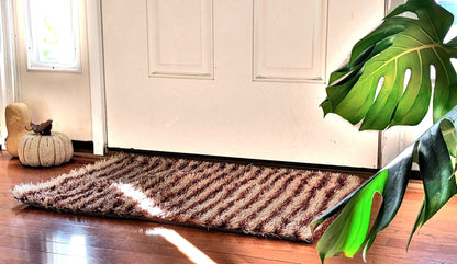 DaDa Bedding Shaggy Soft Door Mat Carpet Rug - 20" x 32" Striped Shiny Coffee Light Beige / Dark Brown-1