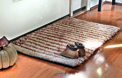 DaDa Bedding Shaggy Soft Door Mat Carpet Rug - 20" x 32" Striped Shiny Coffee Light Beige / Dark Brown-2