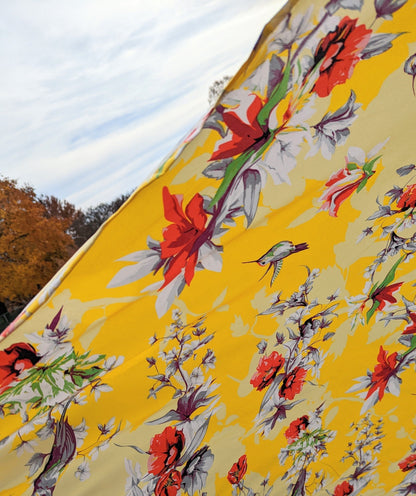 DaDa Bedding Set of 2 Radiant Sunshine Yellow Floral Window Curtain Panels - Natural Semi Sheer Hummingbirds Farmhouse Red Flowers Straight Tailored Edge-1