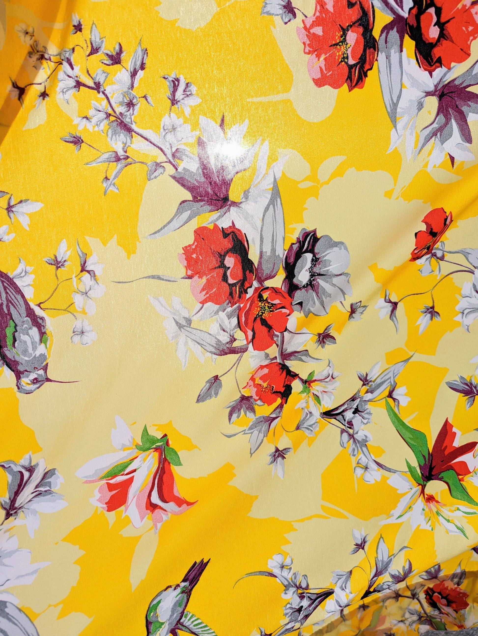 DaDa Bedding Set of 2 Radiant Sunshine Yellow Floral Window Curtain Panels - Natural Semi Sheer Hummingbirds Farmhouse Red Flowers Straight Tailored Edge-2