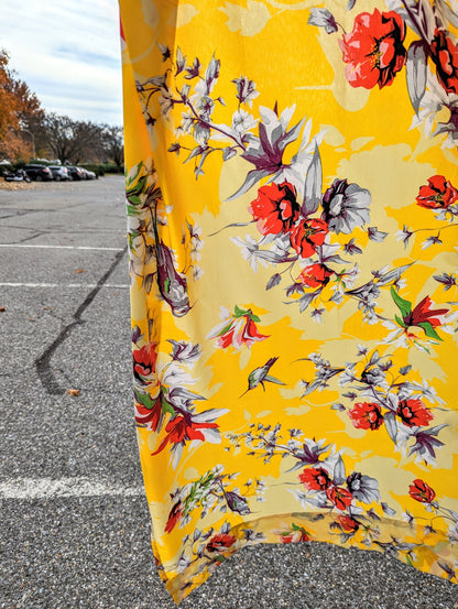 DaDa Bedding Set of 2 Radiant Sunshine Yellow Floral Window Curtain Panels - Natural Semi Sheer Hummingbirds Farmhouse Red Flowers Straight Tailored Edge-3