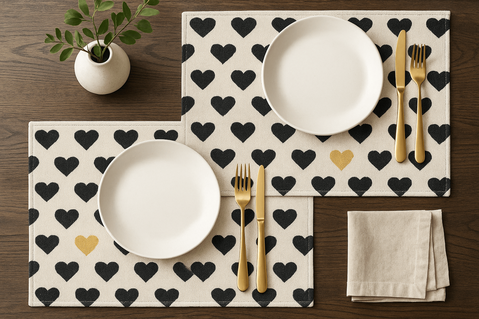 DaDa Bedding Set of 4-Pieces Lovely Yellow & Black Hearts Tapestry Dining Table Placemats 13” x 19” (18113)-0