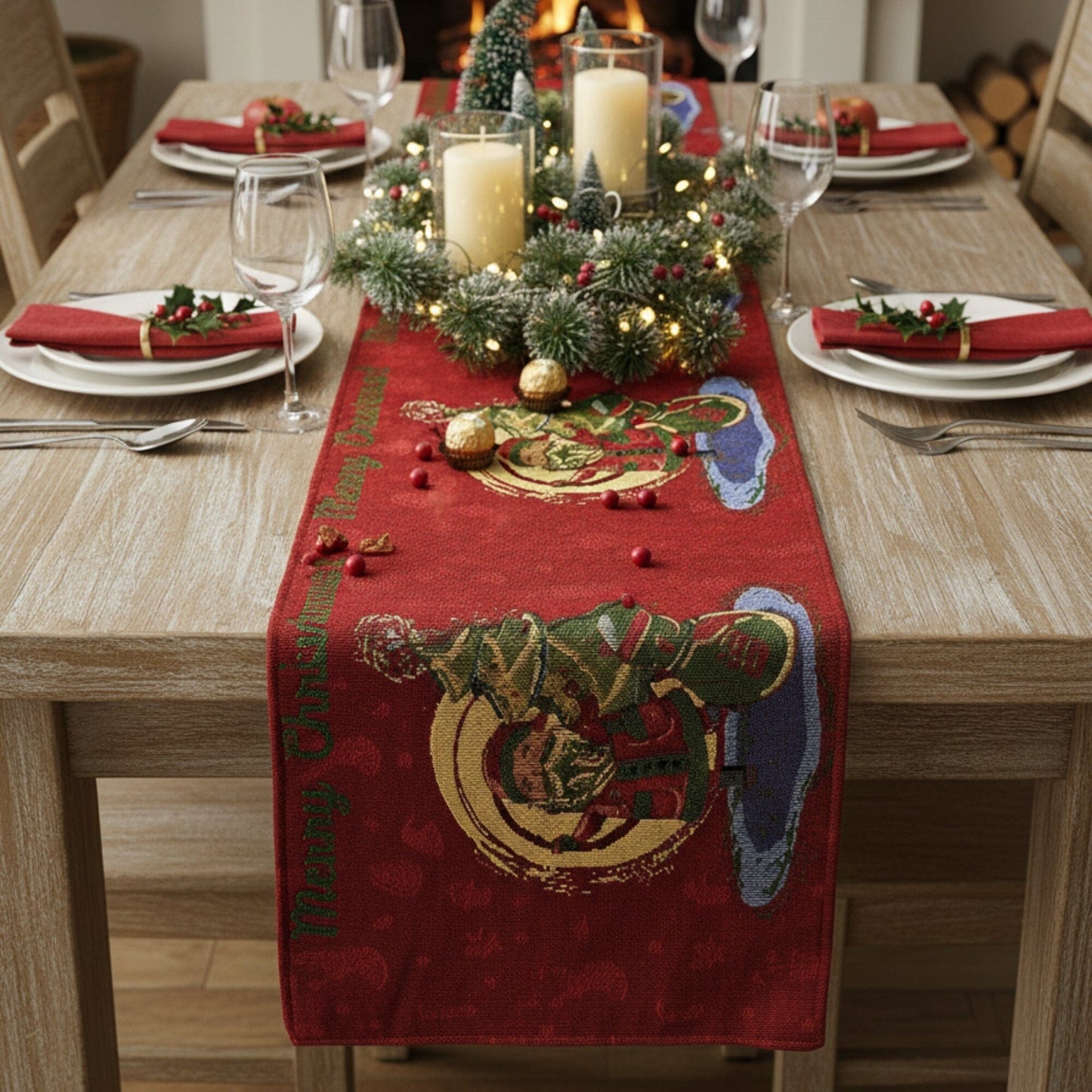 DaDa Bedding Red Santa Claus Christmas Tree Woven Tapestry Dining Table Runner (17615)-0