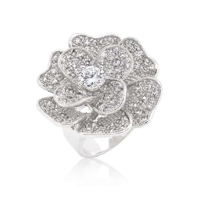 Large Flower Cubic Zirconia Cocktail Ring-0