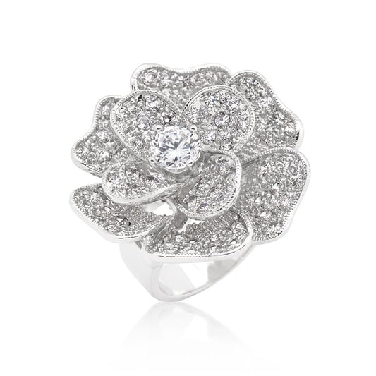 Large Flower Cubic Zirconia Cocktail Ring-0