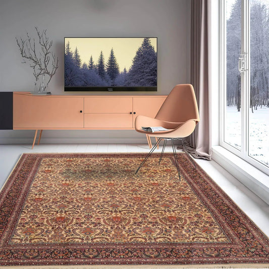 9x12 Warm Beige, Charcoal Hand Knotted 100% Wool Kerman Vintage Traditional Oriental Area Rug-0
