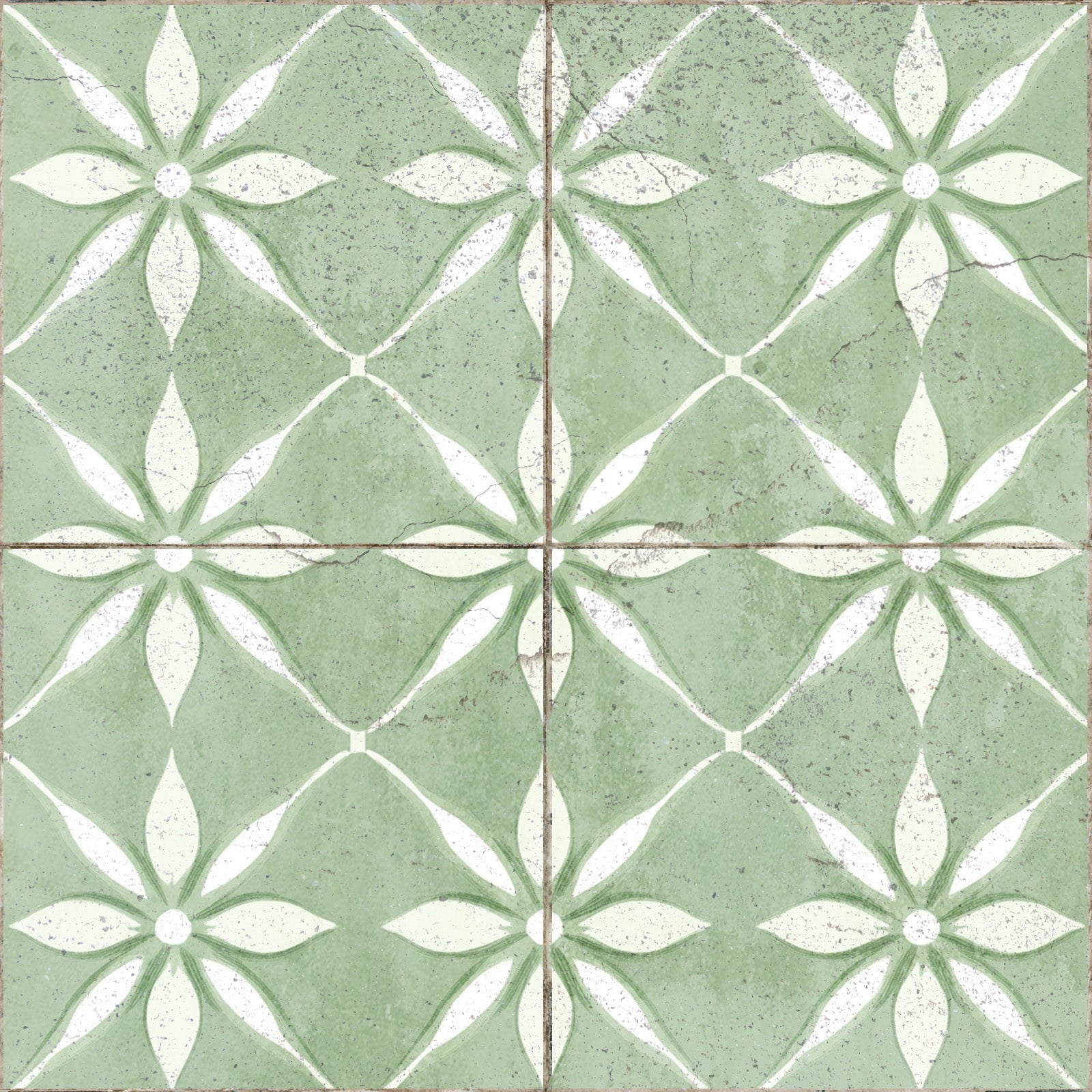 Green Vintage Peel And Stick Tile Stickers White Flower Pattern R200 Model - R200-2
