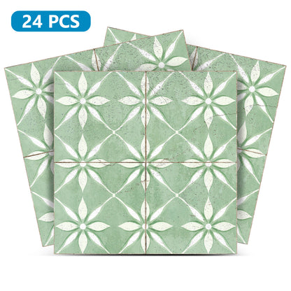 Green Vintage Peel And Stick Tile Stickers White Flower Pattern R200 Model - R200-0