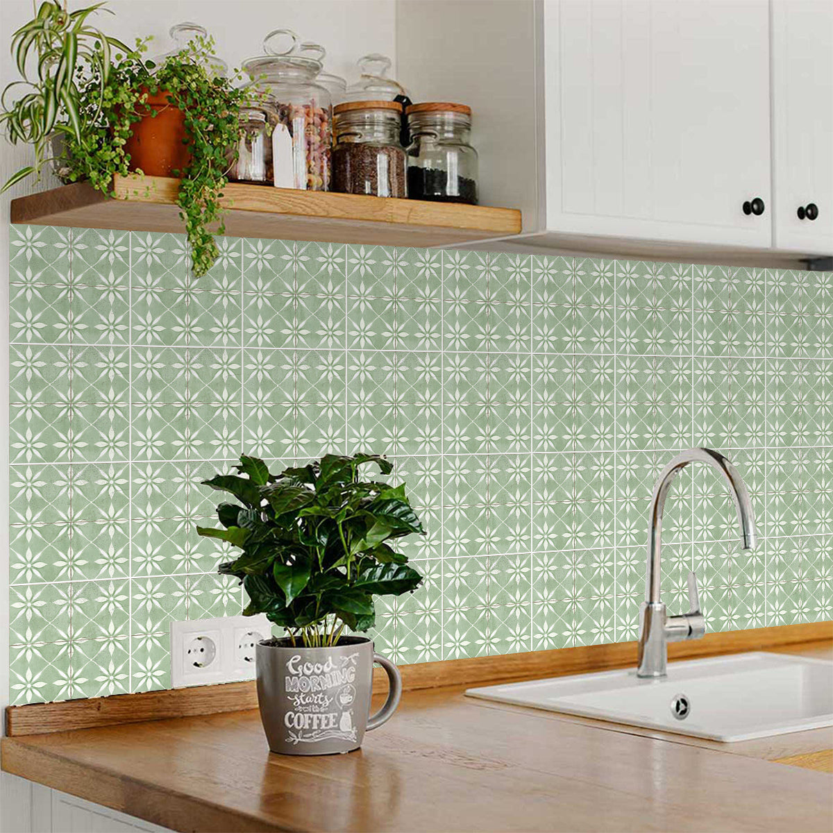 Green Vintage Peel And Stick Tile Stickers White Flower Pattern R200 Model - R200-3