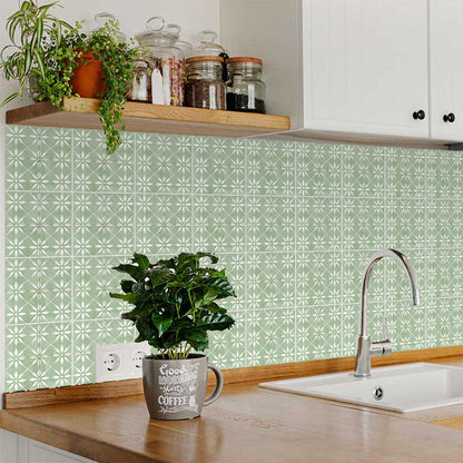 Green Vintage Peel And Stick Tile Stickers White Flower Pattern R200 Model - R200-3