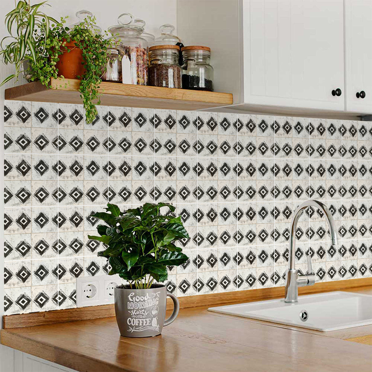 Beige Black Rhombus Rustic Tile Stickers Transform Your Kitchen With DIY Peel And Stick Backsplash- The Classic Look Bring Back Retro Model - R203-2
