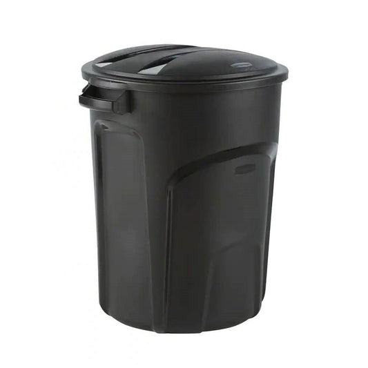 32-Gallon Black Plastic Indoor Outdoor Trash Can with Lid - Made in USA-0