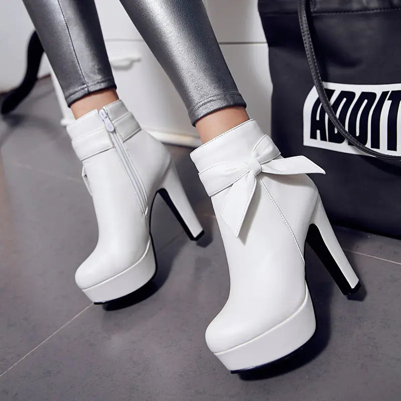 Bow Short Boots, Bow High Heels, Chunky Heeled Boots
