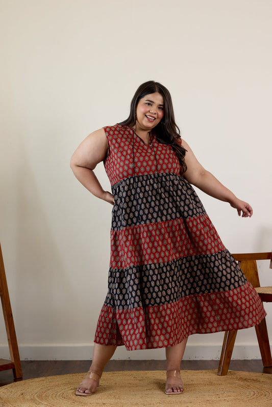Maroon and Black Bagru Print Tiered Dress-0