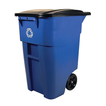 50 Gallon Blue Commercial Heavy-Duty Rollout Recycler Trash Can Container-1