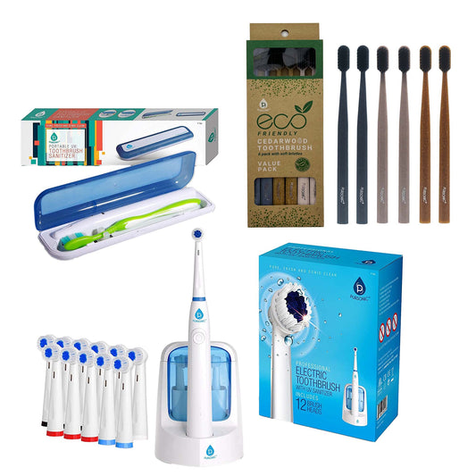 Family Dental Care Bundle: Pursonic RET200 Oscillating Electric Rechargeable Toothbrush, Eco-Friendly Cedarwood Toothbrushes (6 Pack), Portable UV Toothbrush Sanitizer-0