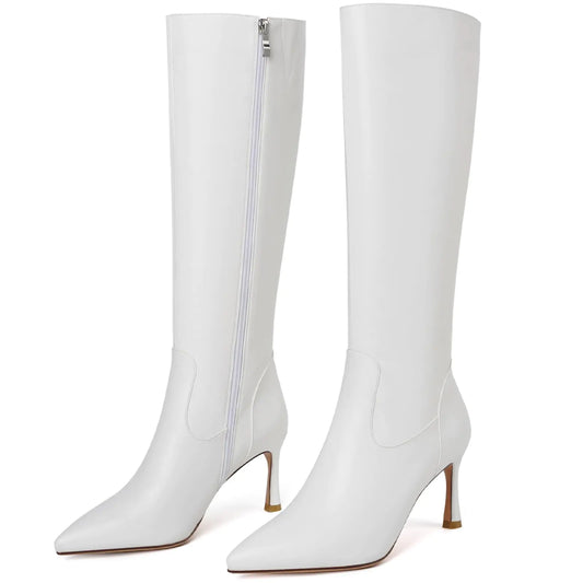 OAKUMSAS Womans Boots White Boots Knee High Comfortable Knee Boots for Women High Heels Boots Knee High Heel Boots Pointed Toe Stiletto Long Tall Leather Boots for Women