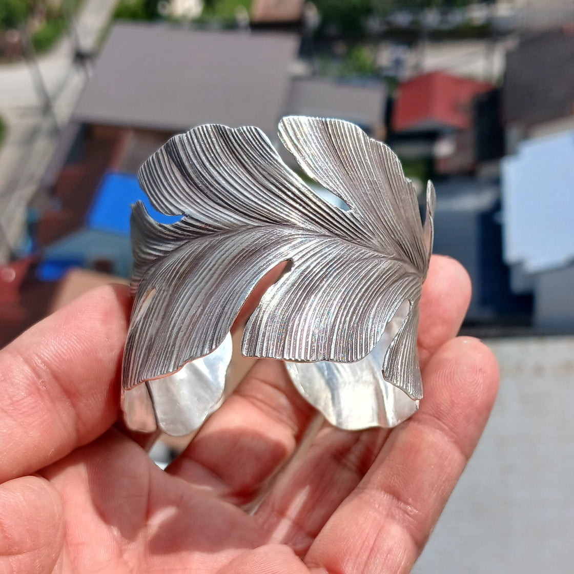Extra wide Hand Crafted Sterling Silver Bracelet / Bangle with many Leafs-1