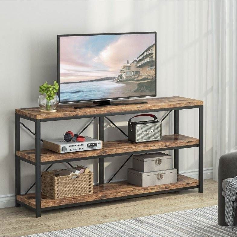 Industrial 55-inch Wood Shelf Console Sofa Table with Sturdy Black Metal Frame-1