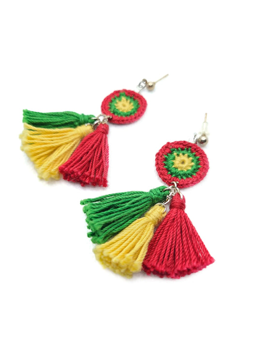 Green, Yellow, Red Tassel Earrings-0